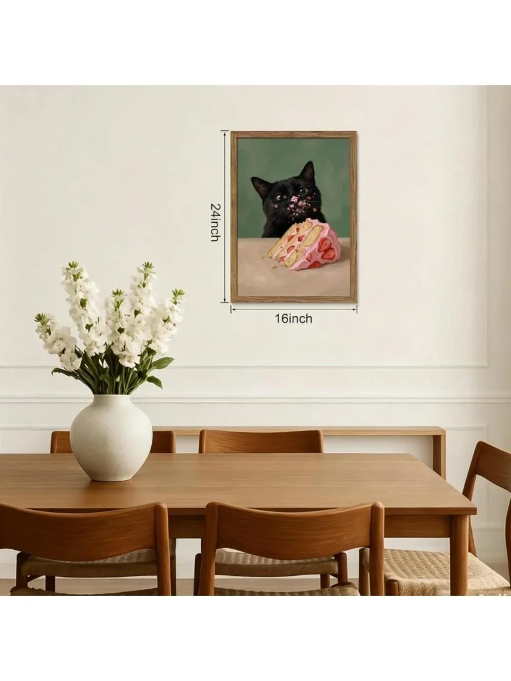 Whimsical Vintage Cat Wall Art - Cute Black Cat Eating Strawberry Cake Canvas